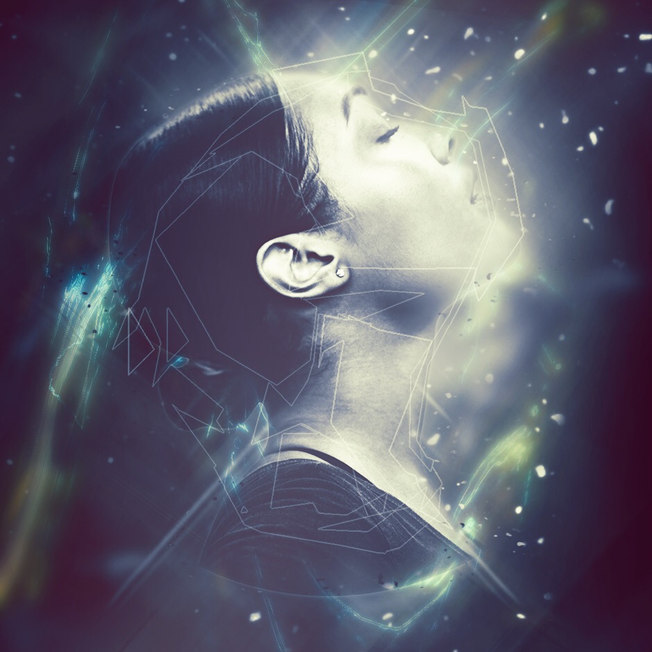 Profile portrait overlaid with cosmic light and geometry