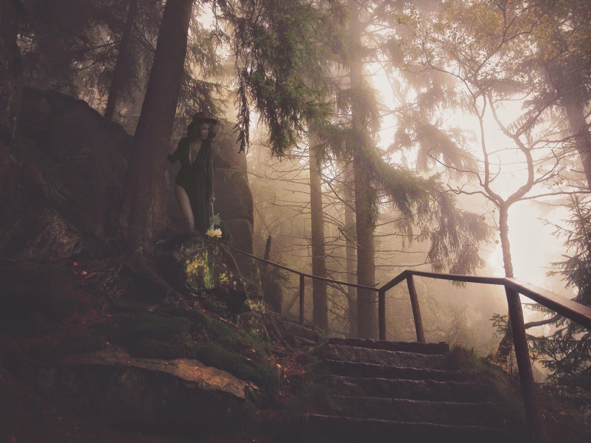 Figure descending a mossy forest staircase in golden fog
