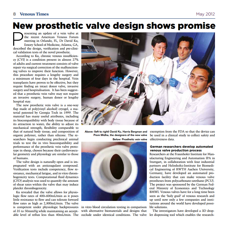 Venous Times (May 2012) feature: 'New prosthetic valve design shows promise'