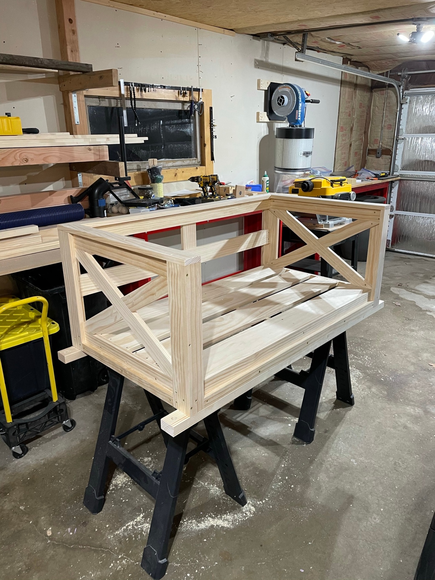 Porch swing frame under construction in the workshop