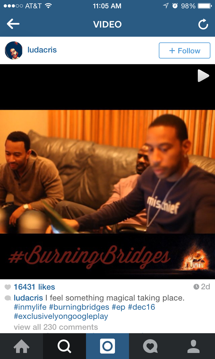 Instagram post promoting the Burning Bridges video with Ludacris and John Legend